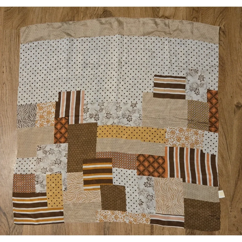 Glentex Silk Scarf Patchwork Print Brown Beige Square 30×30 Made Japan